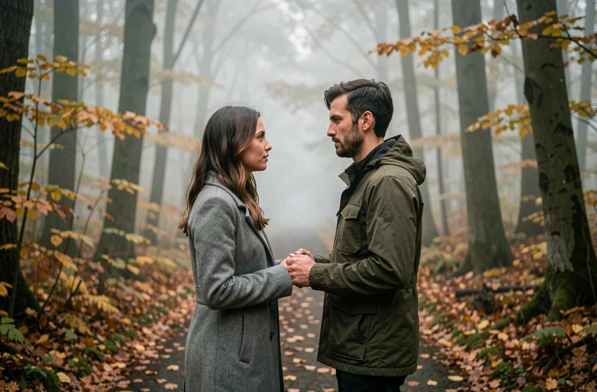 Couple de flammes jumelles se regardant sur un chemin forestier brumeux en automne, illustrant le voyage spirituel du chiffre 0808