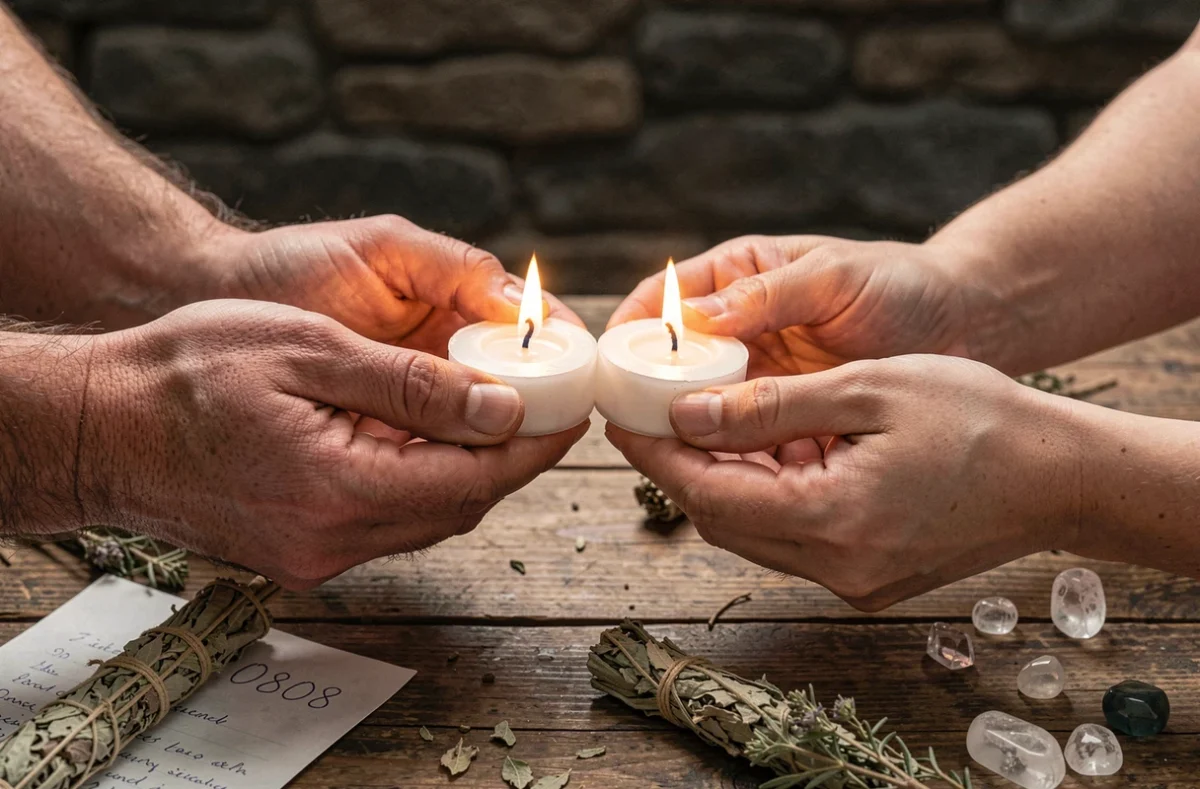 Deux mains tenant des bougies dont les flammes se rejoignent avec le chiffre 0808 visible sur un papier, symbolisant l'union des flammes jumelles
