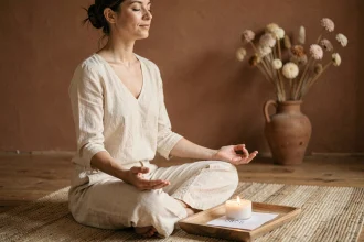 Femme en méditation devant une bougie avec le chiffre 0808 sur un papier, symbolisant la signification de la flamme jumelle
