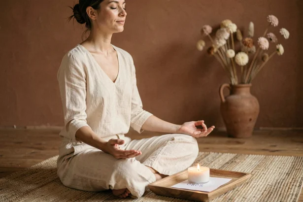 Femme en méditation devant une bougie avec le chiffre 0808 sur un papier, symbolisant la signification de la flamme jumelle