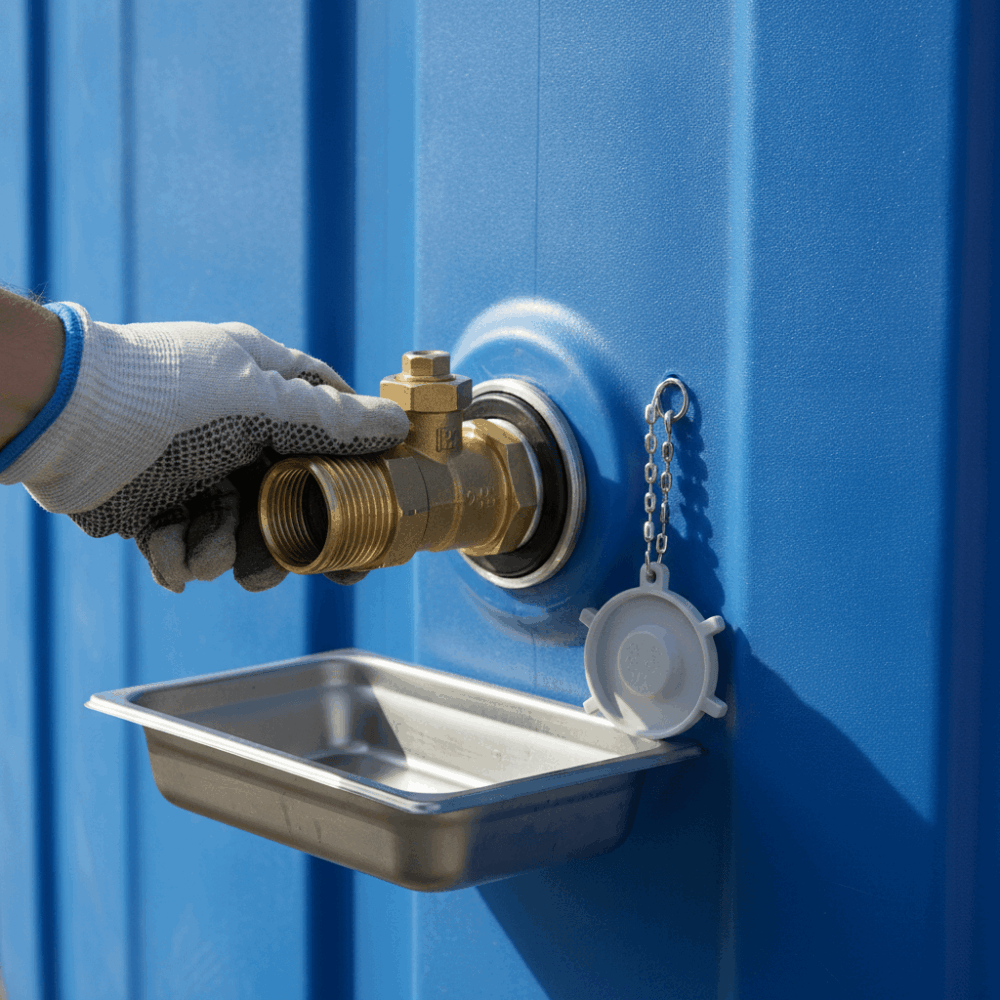 Détail technique d'une cuve de stockage agricole en PEHD avec valve de connexion et main d'agriculteur vérifiant l'installation