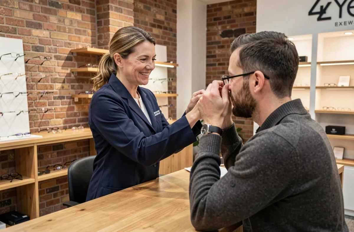 Une opticienne du magasin 4 Z'Yeux à Rennes aide un client à choisir sa monture de lunettes dans un cadre chaleureux et contemporain