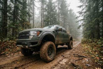 4x4 pickup truck robuste garé sur un chemin forestier boueux, illustrant les capacités tout-terrain d'un vrai 4x4