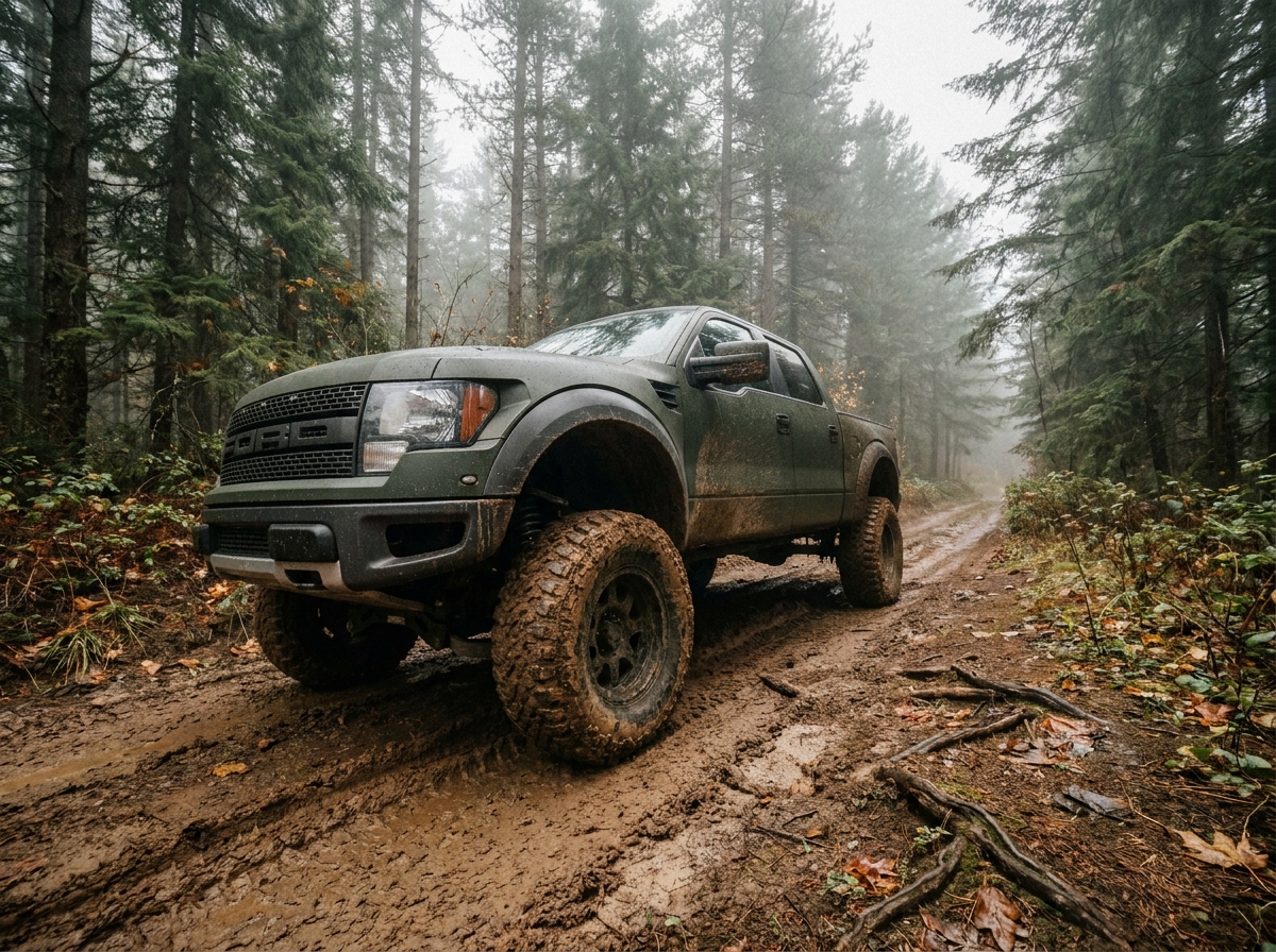 4x4 pickup truck robuste garé sur un chemin forestier boueux, illustrant les capacités tout-terrain d'un vrai 4x4