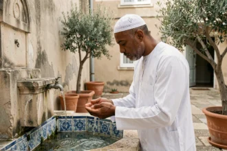 Homme en djellaba blanche effectuant ses ablutions dans la cour d'une mosquée de Vénissieux avant la prière