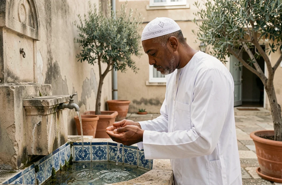 Homme en djellaba blanche effectuant ses ablutions dans la cour d'une mosquée de Vénissieux avant la prière