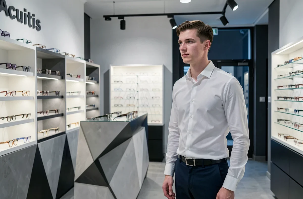 Intérieur moderne de la boutique Acuitis à Brest avec un opticien en chemise blanche près des présentoirs de montures premium