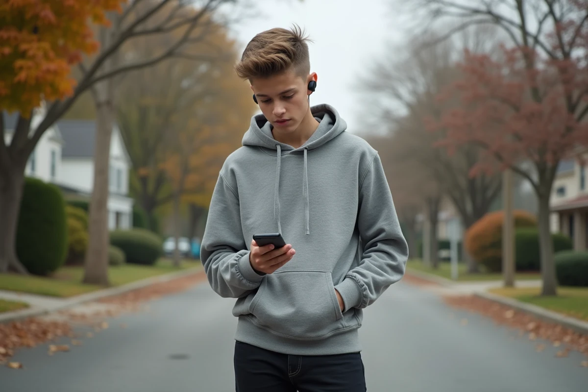 Adolescent écoutant de la musique dehors dans la rue