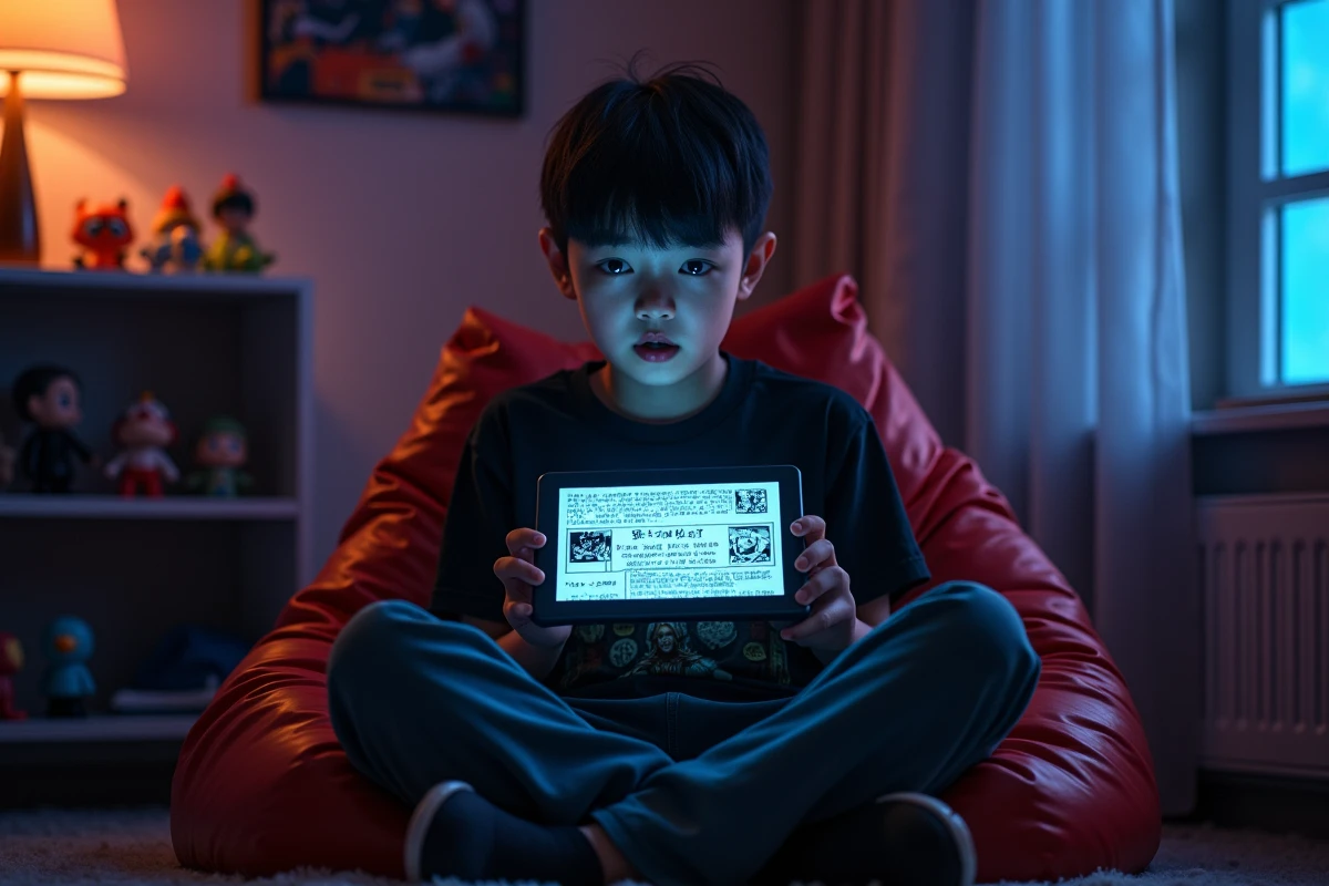 Adolescent captivé par la lecture d'un scan de One Punch Man sur tablette dans sa chambre