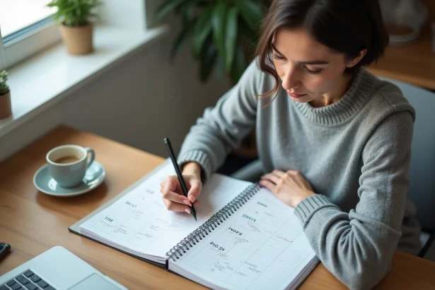 Femme consultant un agenda papier pour vérifier les numéros de semaines paires et impaires en 2026