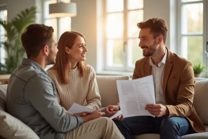 Agent immobilier discutant avec un couple dans un salon lumineux