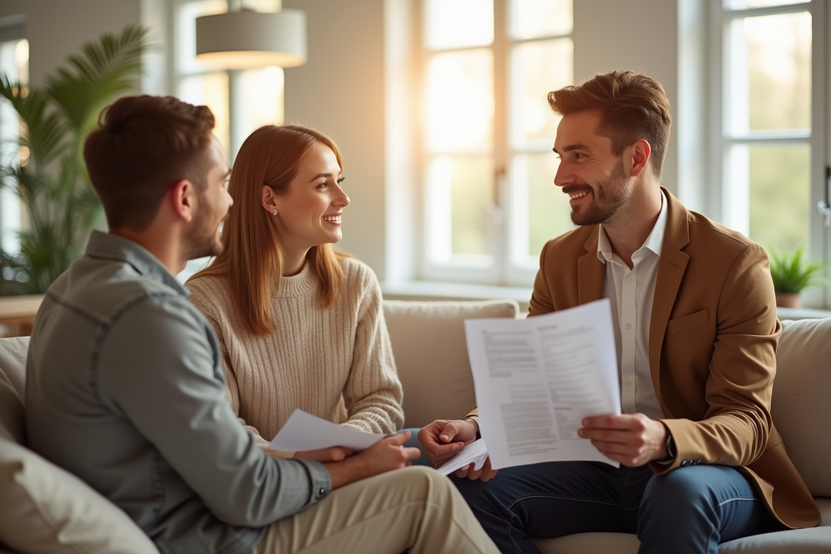 Agent immobilier discutant avec un couple dans un salon lumineux