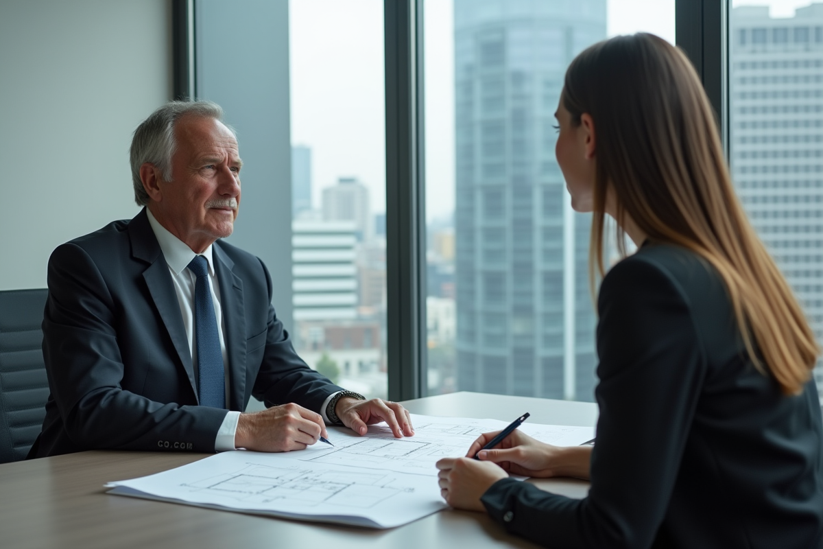 Agent immobilier montre plan appartement bureau moderne