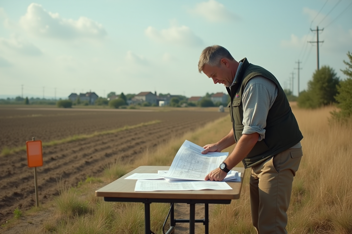 Agent municipal examine des cartes sur un terrain rural