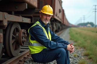 Agent ferroviaire en uniforme près d’un train de fret