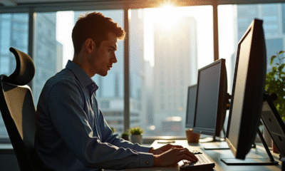 Agent de transit travaillant sur un ordinateur dans un bureau lumineux
