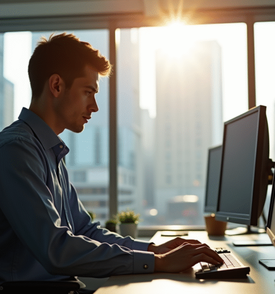Agent de transit travaillant sur un ordinateur dans un bureau lumineux