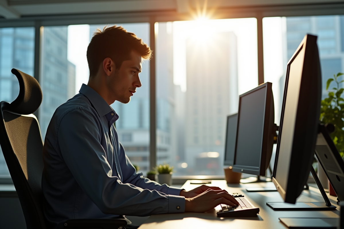 Agent de transit travaillant sur un ordinateur dans un bureau lumineux
