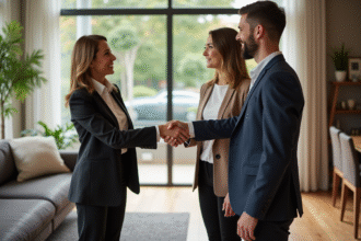 Agent immobilier femme souriante serre main couple maison