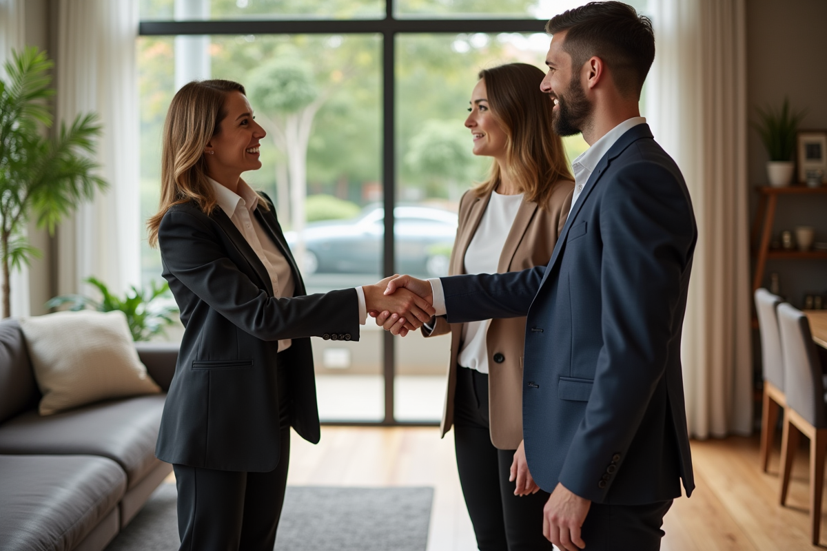 Agent immobilier femme souriante serre main couple maison