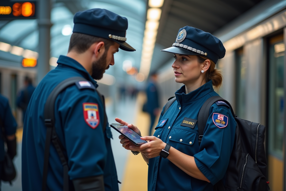Deux agents de transit discutant devant un tableau numérique sur une plateforme urbaine
