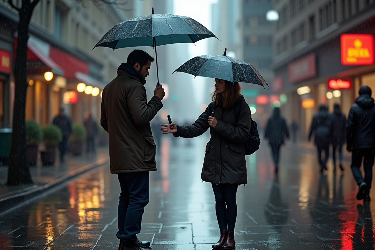 Deux inconnus échangeant un parapluie sous la pluie en ville
