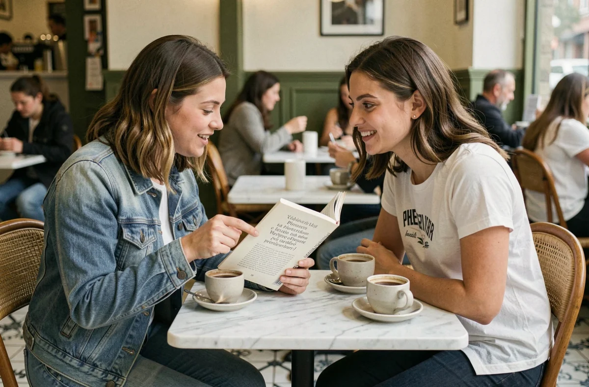 Deux amies discutant du manga Just Friend en version française autour d'un café dans un café parisien