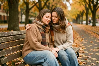 Deux amies assises sur un banc en automne, l'une réconfortant l'autre avec tendresse dans un parc