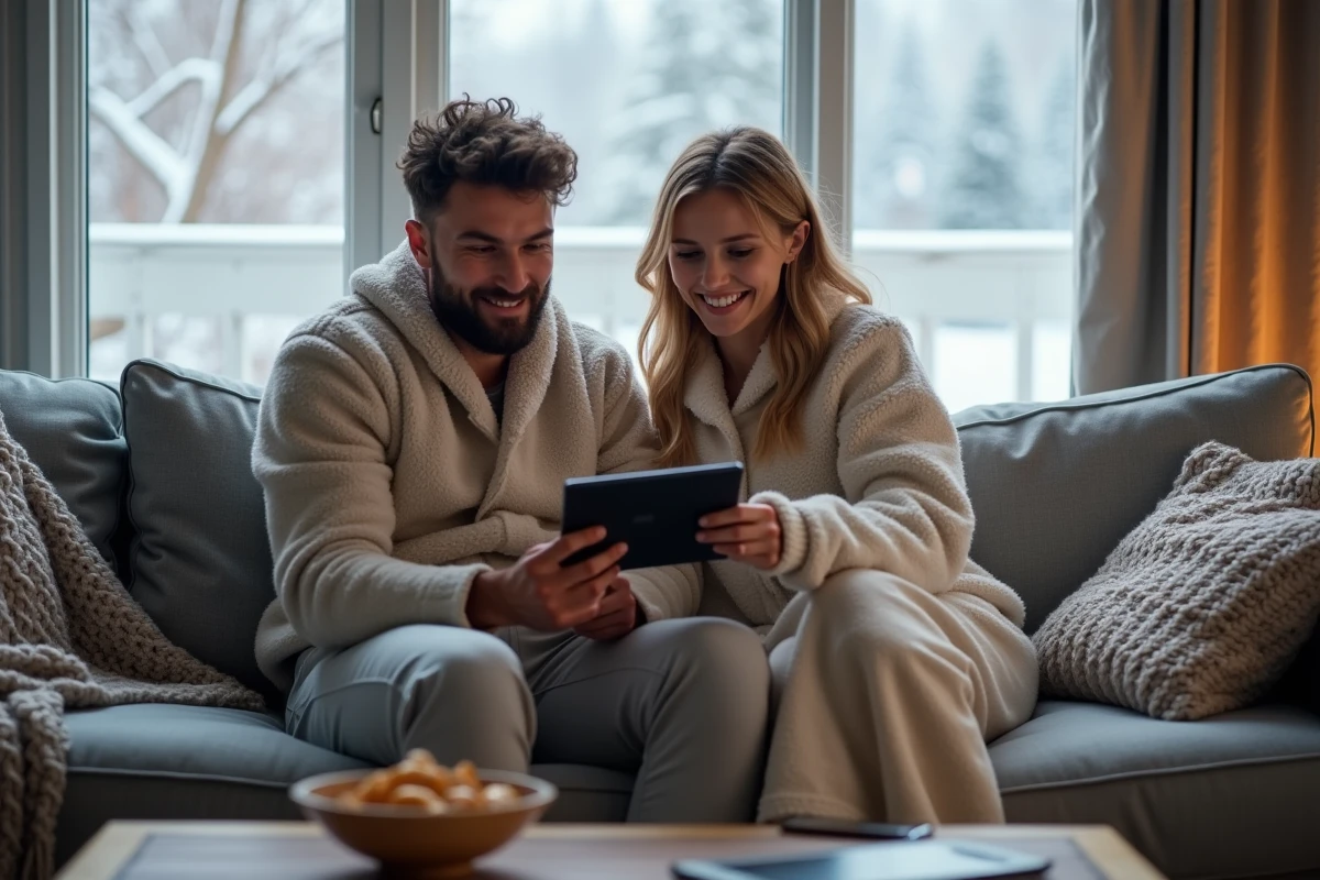 Deux amis découvrant ensemble des codes cadeaux cachés pour Whiteout Survival 2026 sur une tablette dans un salon hivernal