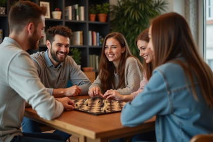 Groupe d'amis jouant à un jeu de société dans un appartement