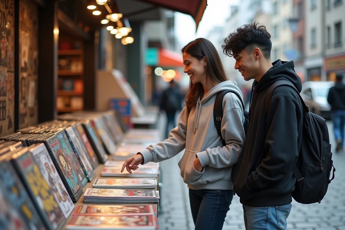 Deux amis feuilletant des volumes de One Piece dans un marché manga en plein air