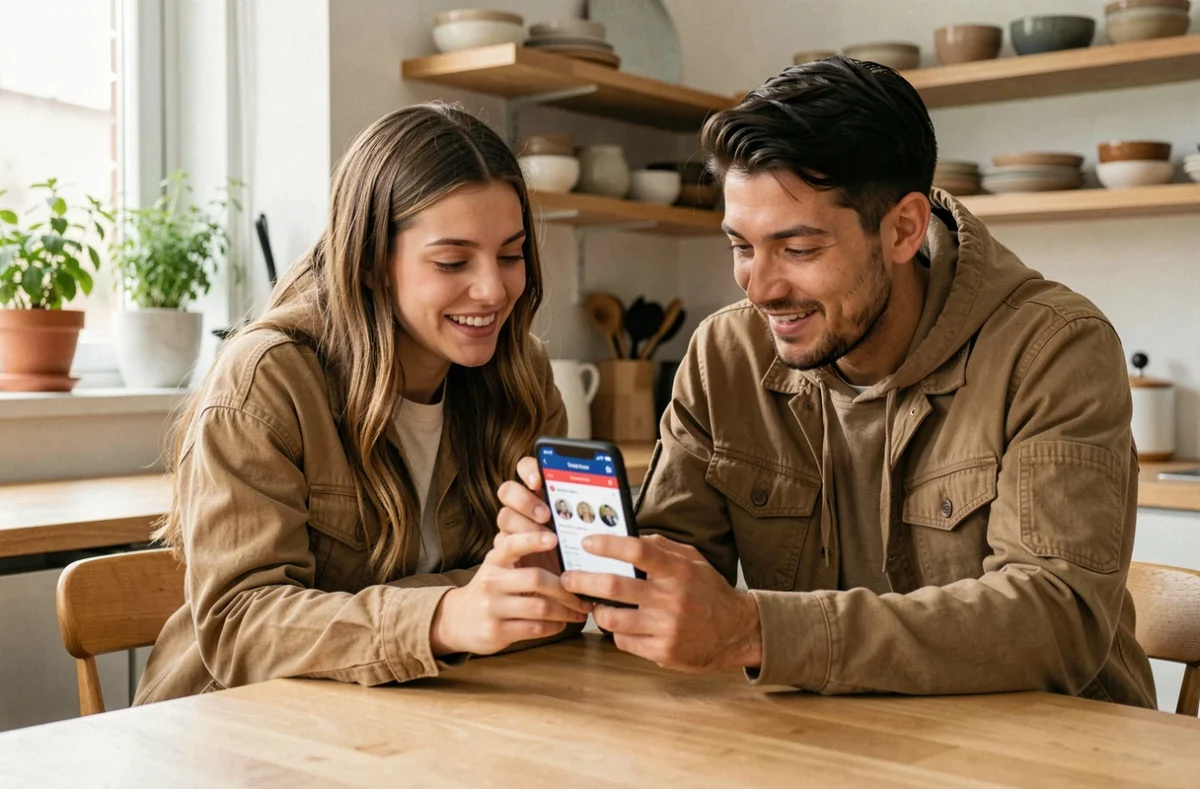 Deux amis découvrant ensemble les options gratuites de likes sur l'application Fruitz