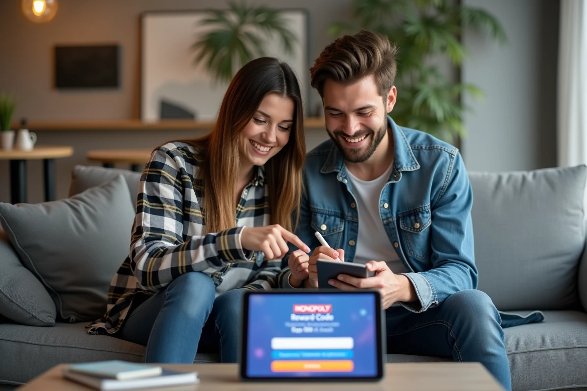 Deux amis consultant un code récompense actif pour le Club des magnats Monopoly GO sur une tablette dans un salon moderne
