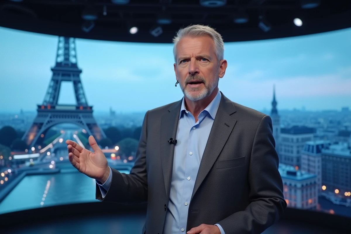 Animateur de journal télévisé CNews debout devant un mur LED en studio lors d'une émission en direct