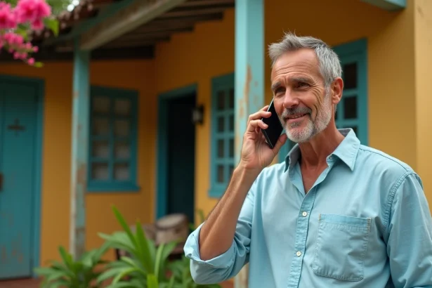 Homme réunionnais passant un appel téléphonique devant une maison créole colorée à La Réunion, illustrant l'usage des numéros de téléphone avec l'indicatif 262
