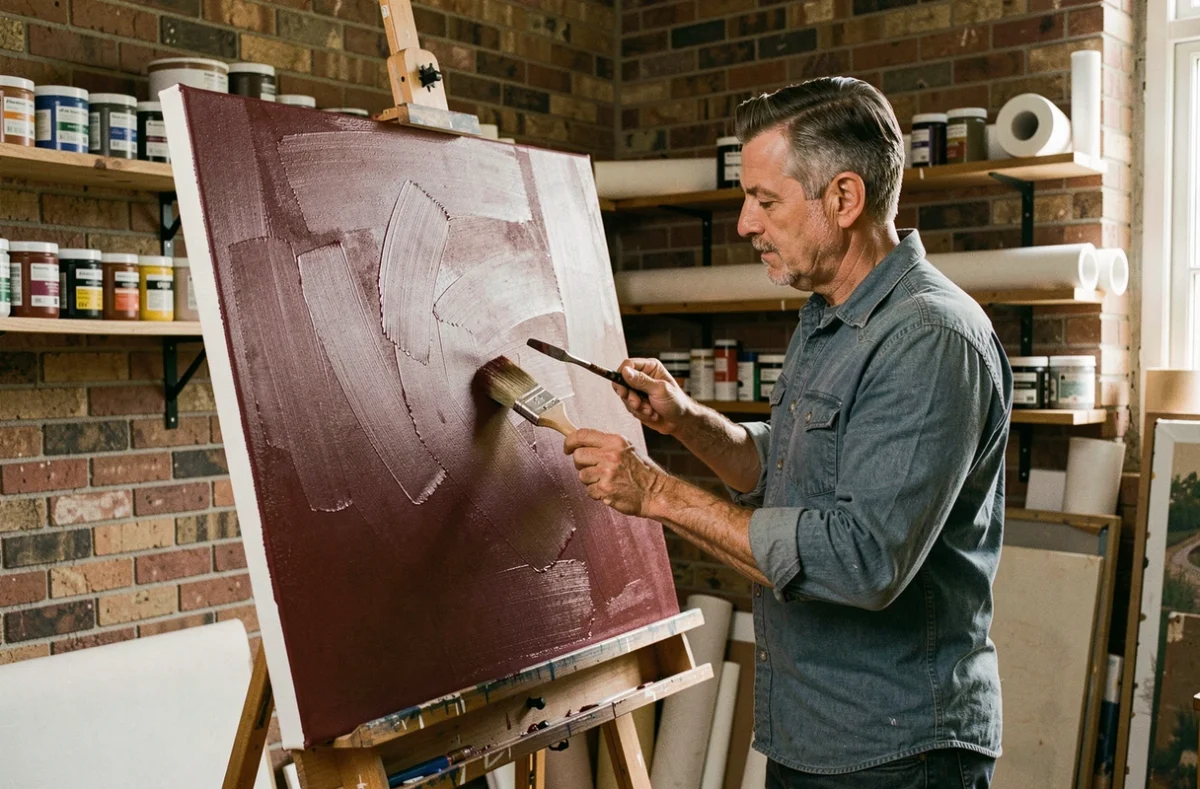 Artiste appliquant de la peinture bordeaux mate sur une toile avec un pinceau plat dans un atelier maison