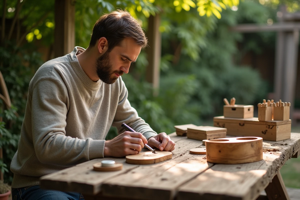 Jeune homme assemblant des boîtes en bois dans le jardin