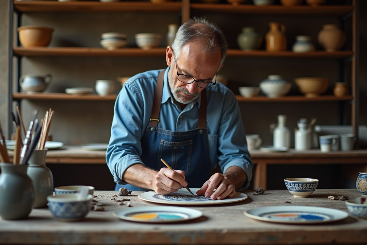 Artisan moyenâgeux peignant une assiette en céramique avec motifs colorés