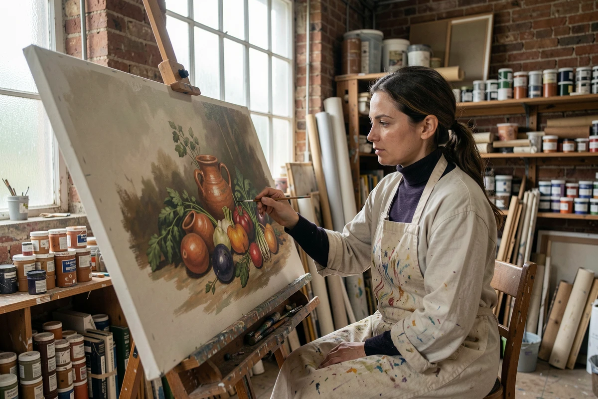 Artiste peintre travaillant sur une nature morte réaliste dans un atelier traditionnel encombré