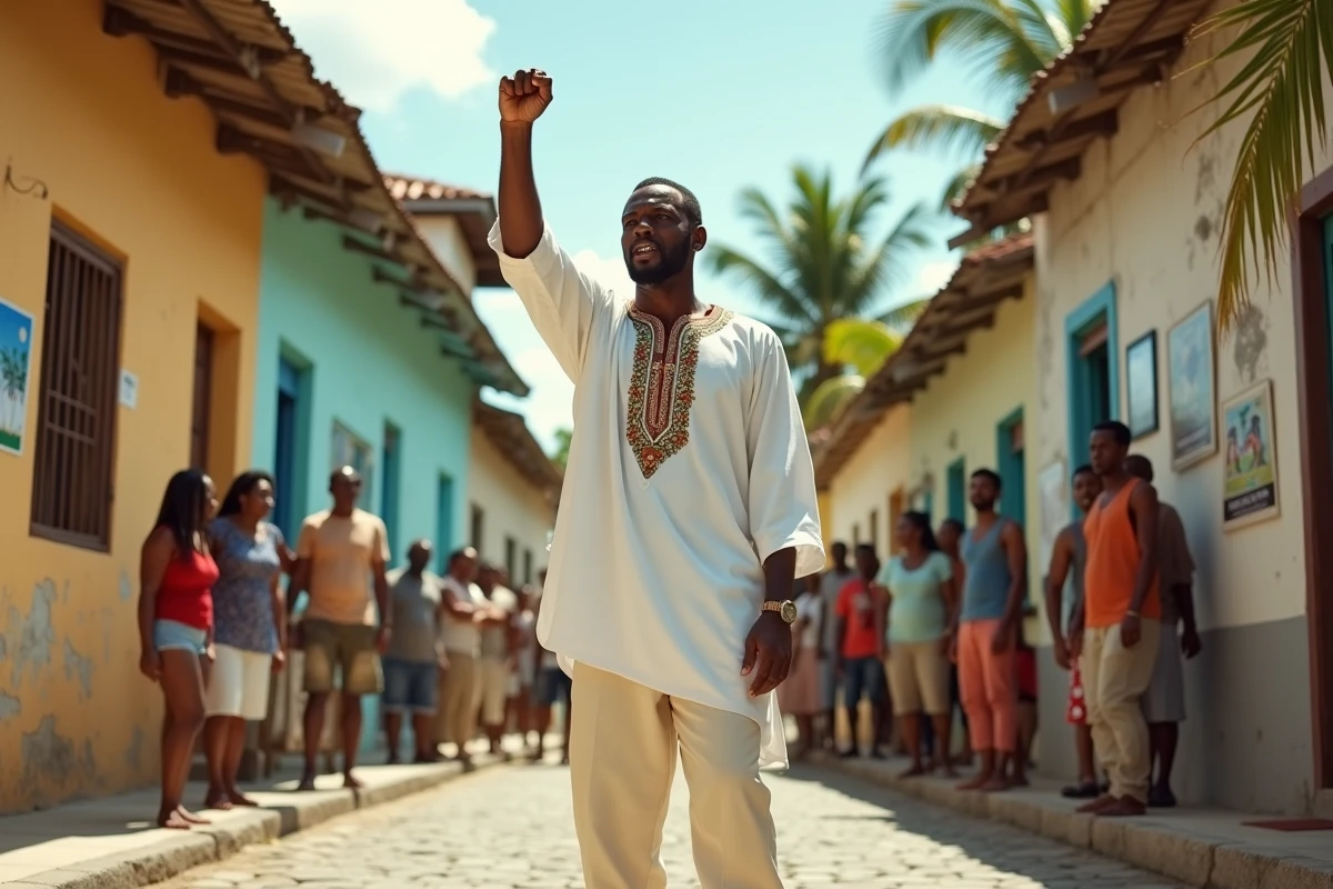 Artiste reggae militant dans une rue caribéenne levant le poing devant une foule lors d'un rassemblement communautaire