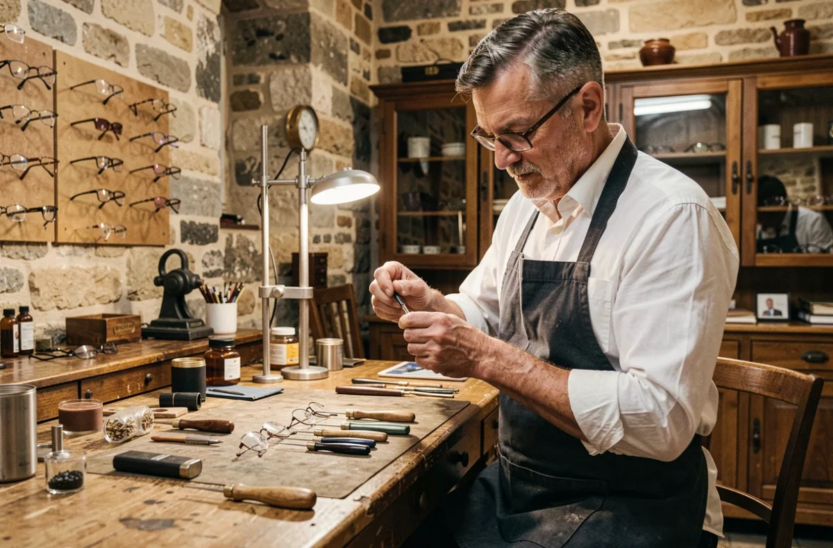 Opticien artisan ajustant des lunettes sur un établi dans l'Atelier Vaq Optique à Pont-à-Mousson