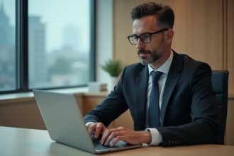 Avocat en costume connecté à un portail juridique sécurisé