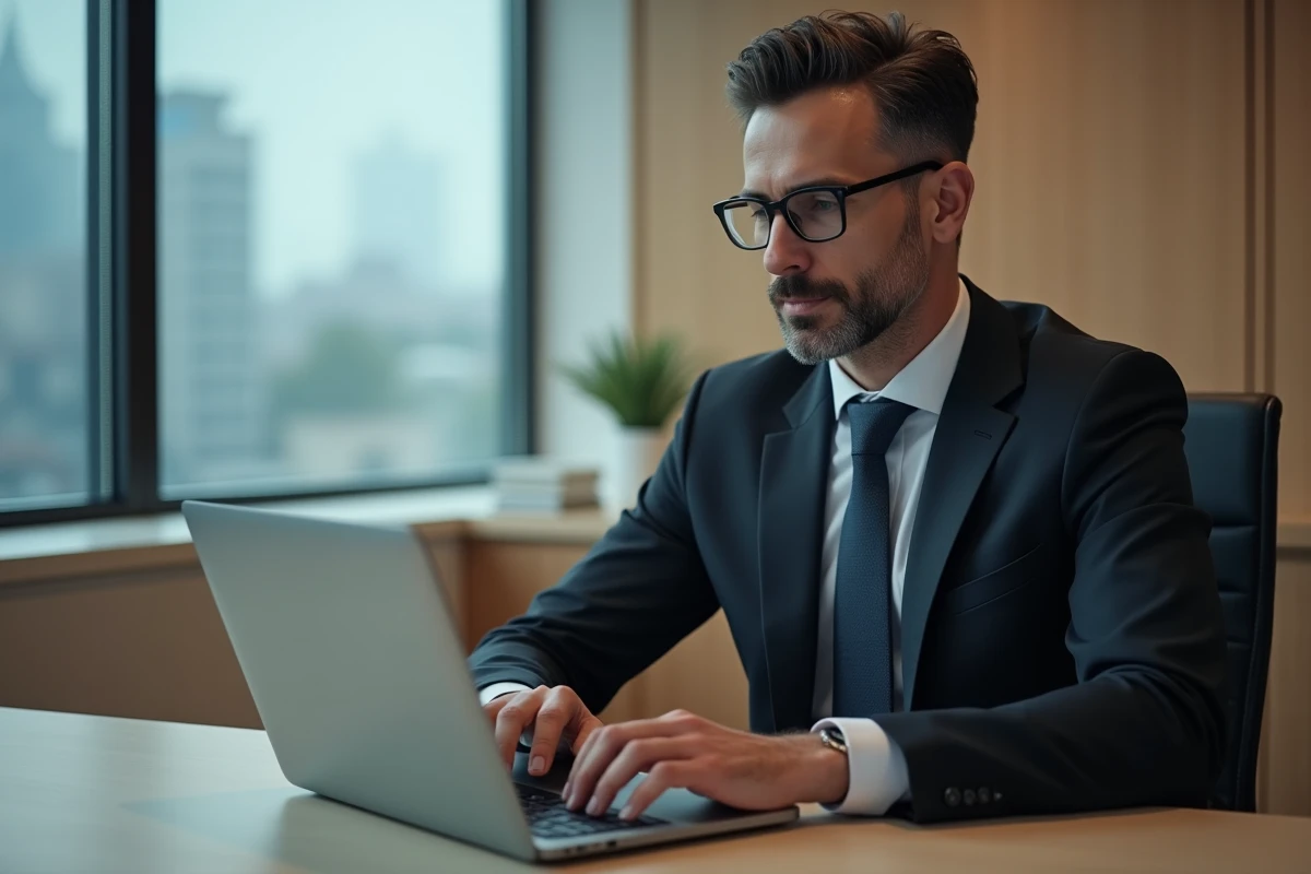 Avocat en costume connecté à un portail juridique sécurisé