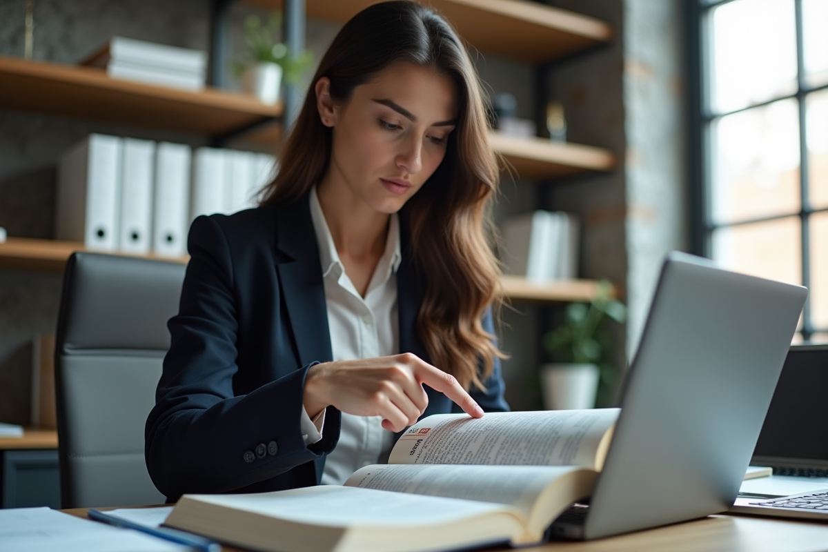 Avocate féminine pointant un passage du code civil dans un livre