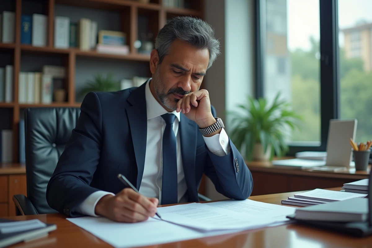 Banquier indien en bureau moderne analysant des documents financiers