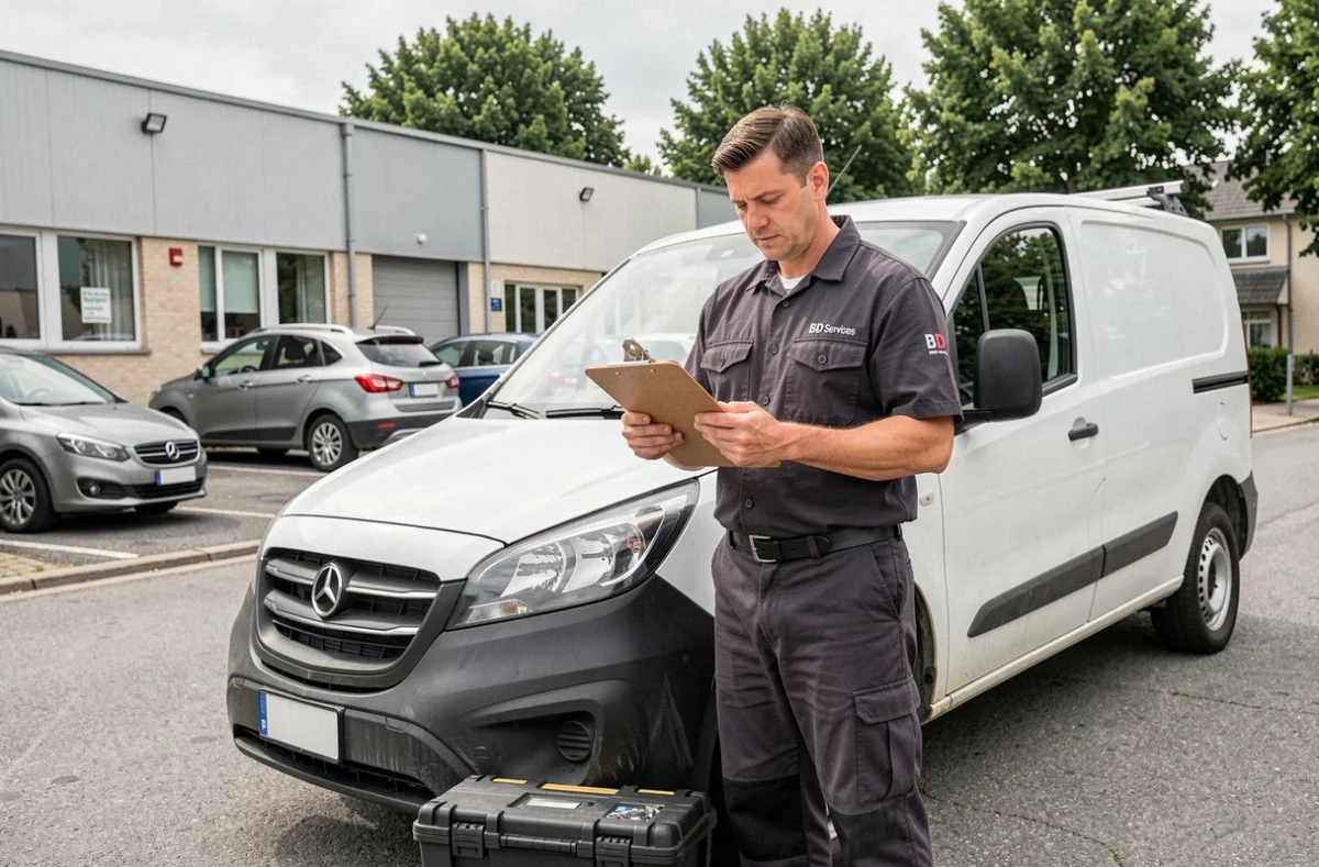 Technicien BD Services préparant son intervention dans une zone commerciale des Yvelines