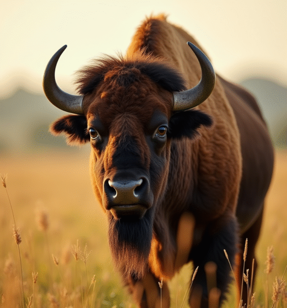 Bison majestueux dans une prairie ensoleillee