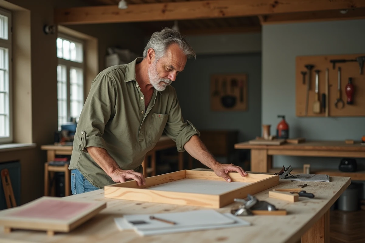 Homme adulte travaillant le bois dans son salon aménagé en atelier bricolage à domicile