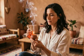 Femme tenant un encensoir en terre cuite avec du louban fumant pour purifier sa maison selon les traditions orientales