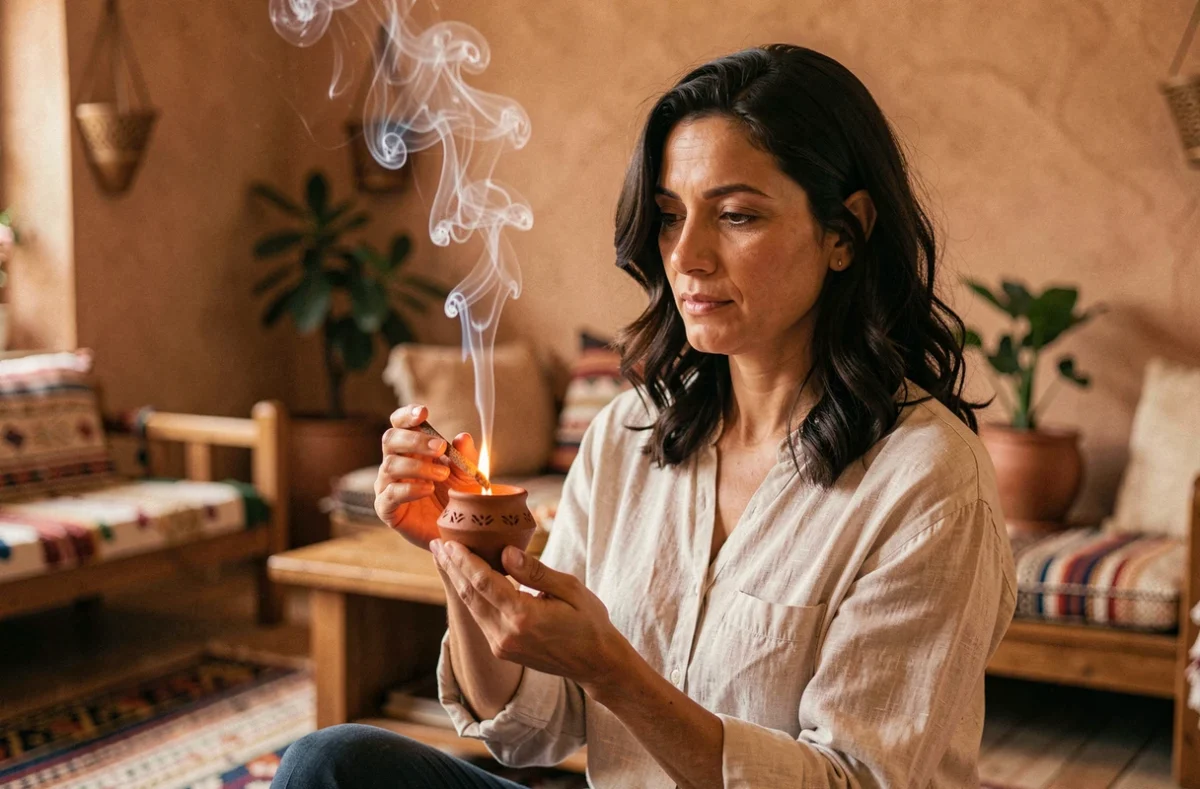 Femme tenant un encensoir en terre cuite avec du louban fumant pour purifier sa maison selon les traditions orientales